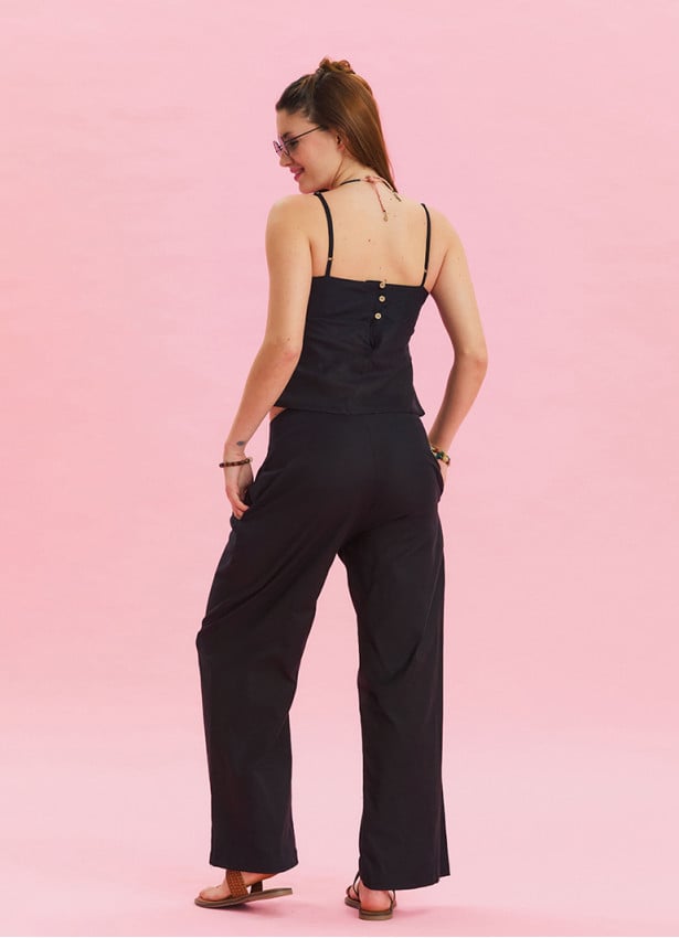 Pleated Bias Cut Buttoned Black Bohemian Trousers 4466